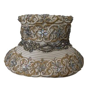 Vintage Shellie McDowell Heavily Embellished Gold Cream Lace Church Dress Hat